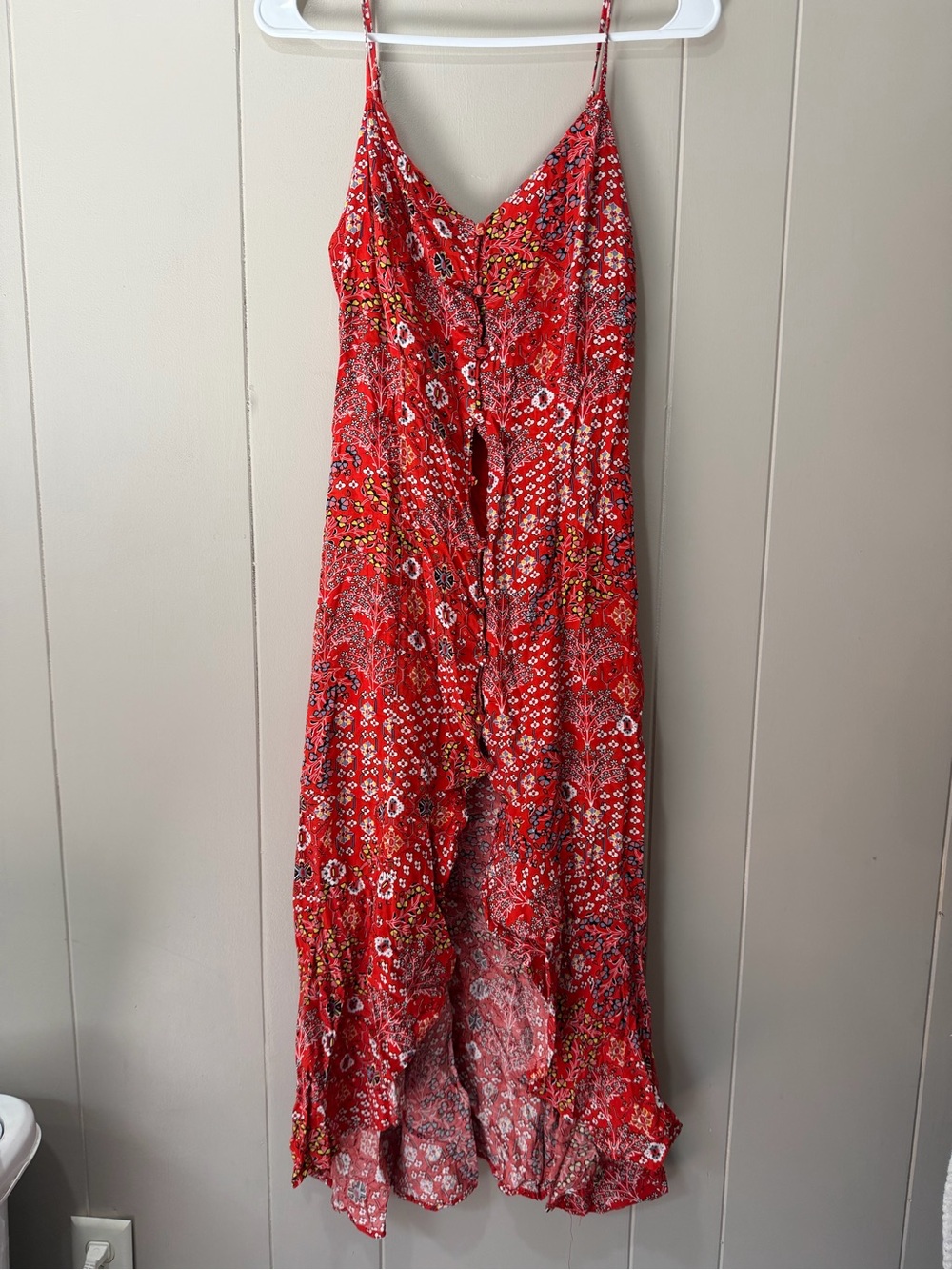 Red Floral Maxi Slip Dress with V-Neck